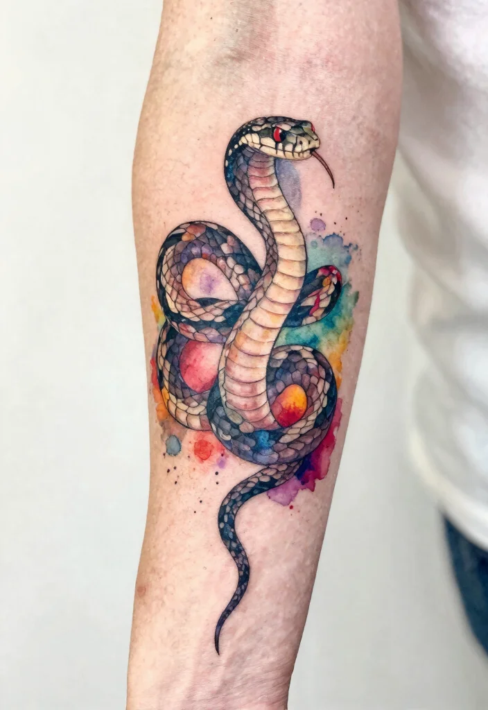 18 Snake on Arm Tattoo Ideas With Sleek Motion 26 18 Snake on Arm Tattoo Ideas With Sleek Motion - 6. Artistic Watercolor Snake 1