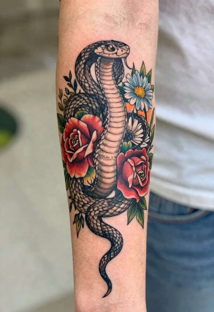 18 Snake on Arm Tattoo Ideas With Sleek Motion 37 18 Snake on Arm Tattoo Ideas With Sleek Motion - 7. Retro Snake with Floral Elements 1