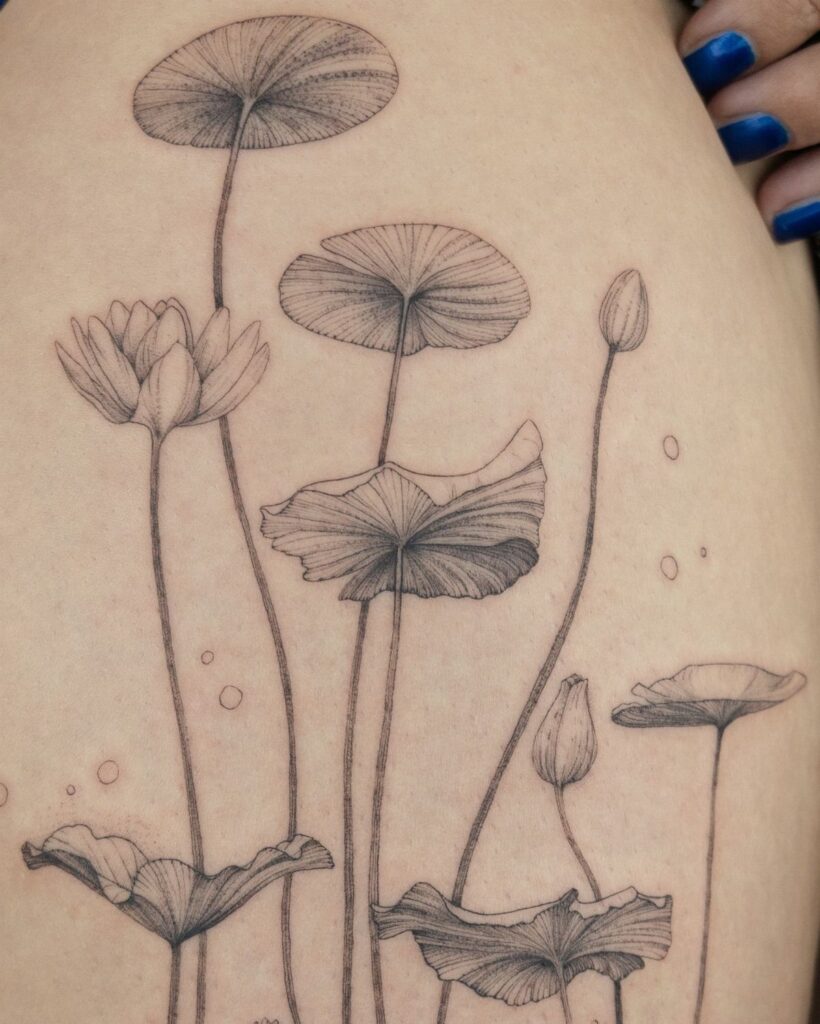 Fine line black and grey tattoo of water lilies and lily pads on skin.