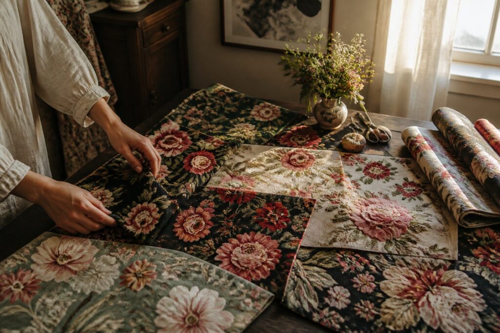 Various floral textiles displayed together, highlighting different patterns and colors.