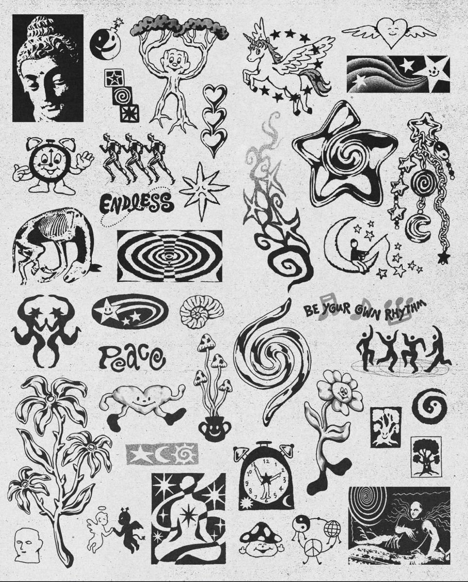 Various black and white hand-drawn tattoo flash designs featuring stars, unicorns, and whimsical characters.