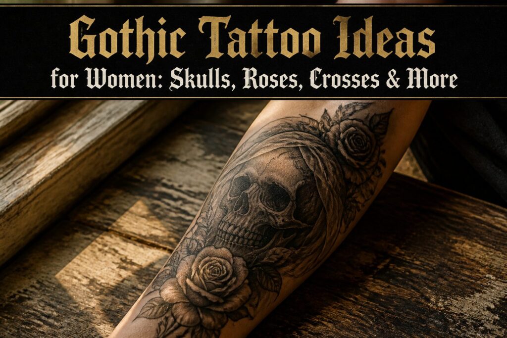 Various gothic tattoos featuring skulls, roses, and crosses.