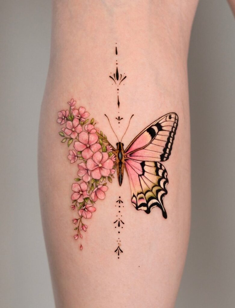 A butterfly tattoo on a leg where one wing is made of pink flowers.