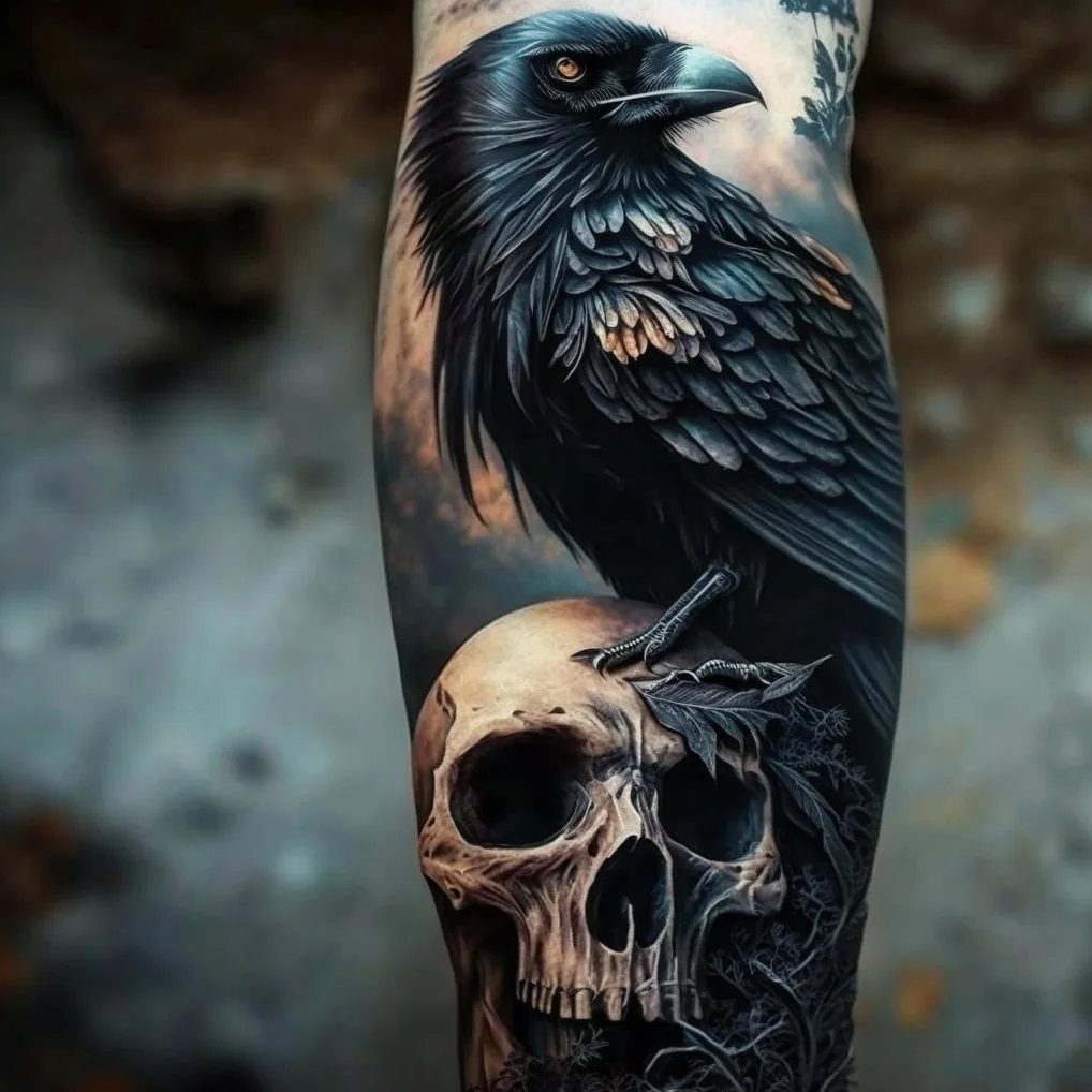 A detailed black and grey tattoo of a crow perched on a human skull.