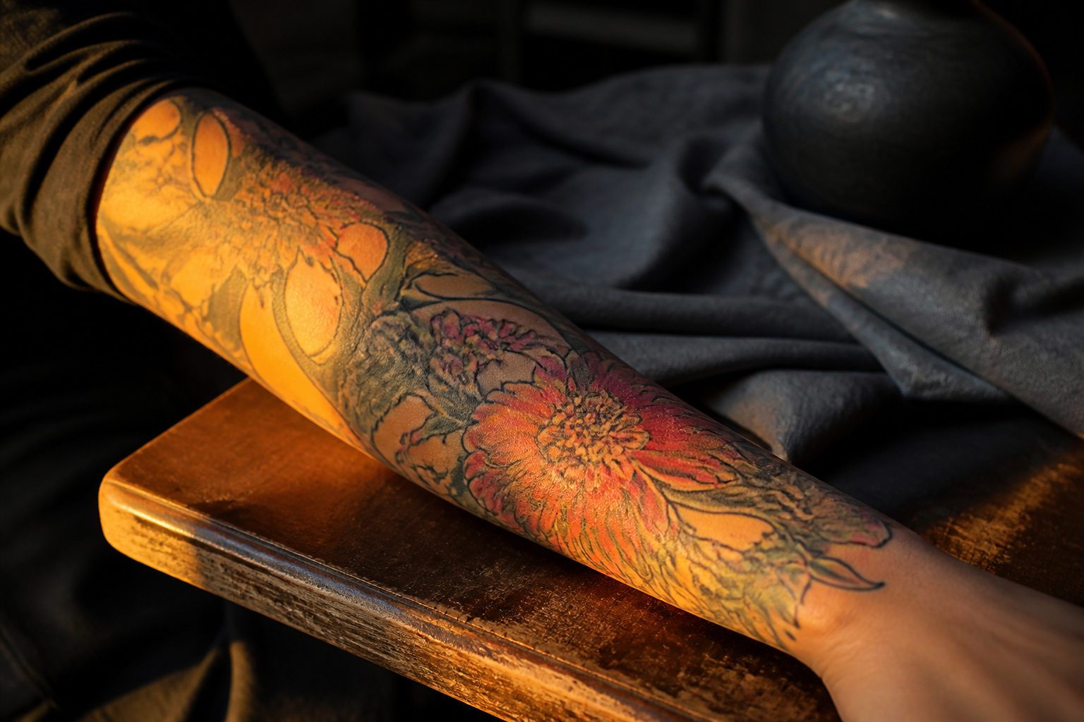 Tattoo studio with a chair, soft lighting, and design sketches on a table.